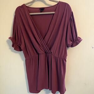 Torrid Knit Faux Wrap Top Size 2X Mauve Ruffle Sleeves Stretch Eastic Waist